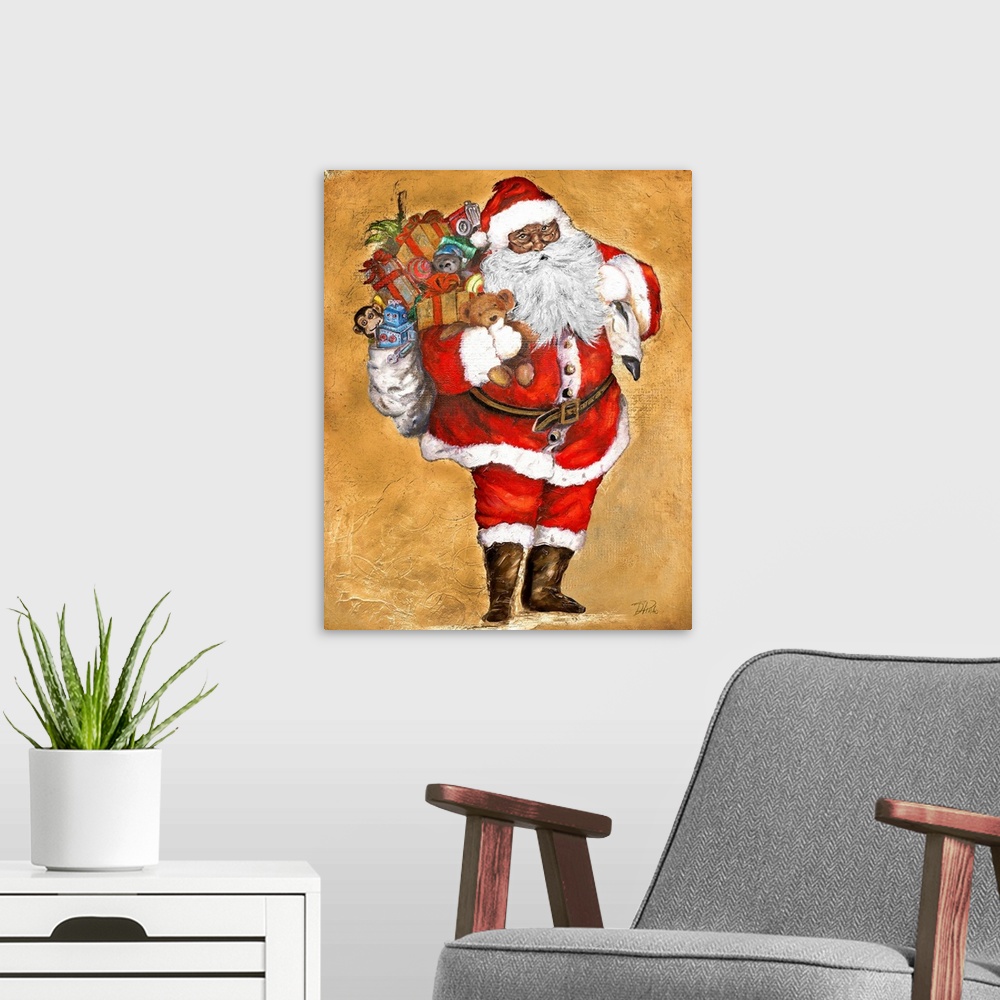 A modern room featuring Santa Claus holding a bag of gifts and toys.