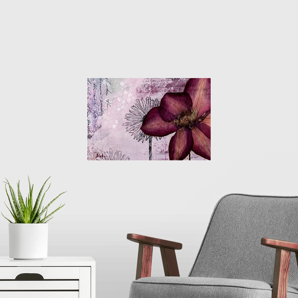A modern room featuring Large dried flower atop a mixed-media background with text and floral drawings.