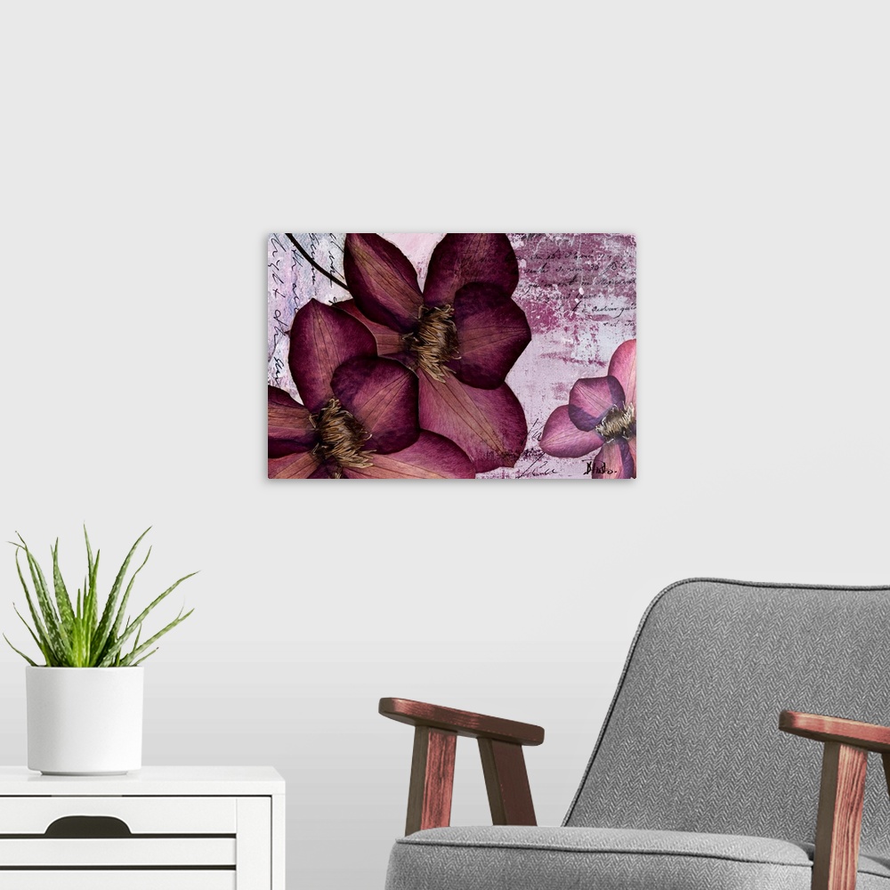 A modern room featuring Flower petals collaged over paint textures and hand written text.