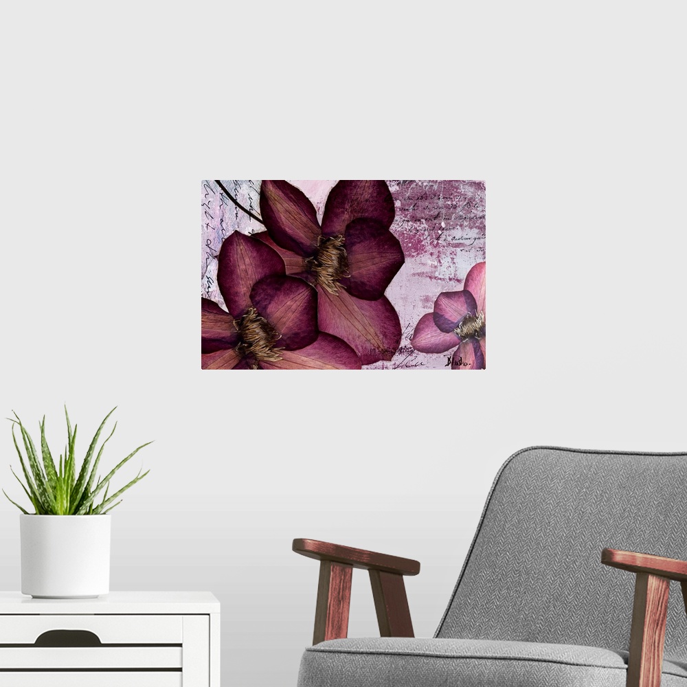 A modern room featuring Flower petals collaged over paint textures and hand written text.