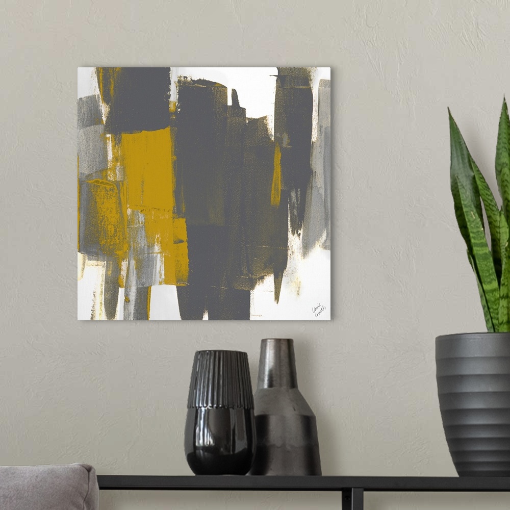 A modern room featuring Square abstract painting with wide vertical brushstrokes in shades of gray and deep yellow.