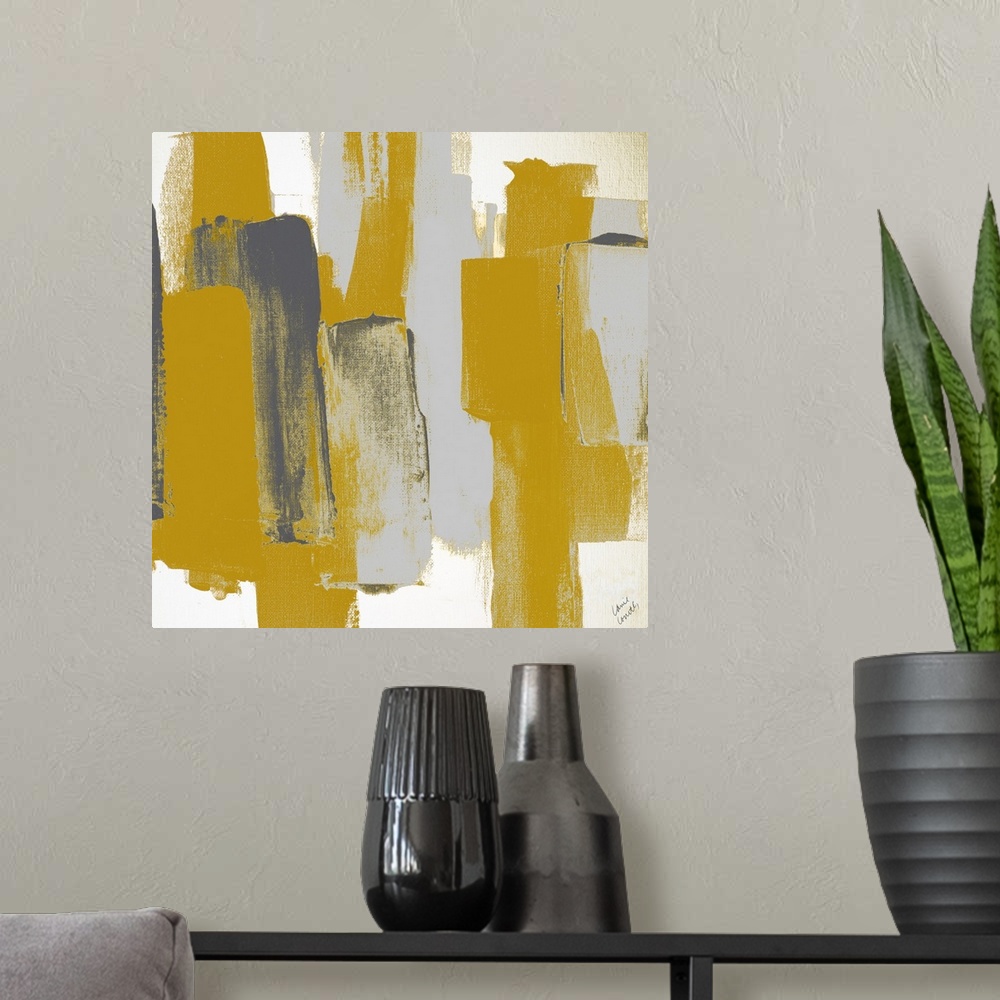 A modern room featuring Square abstract painting with wide vertical brushstrokes in shades of gray and deep yellow.