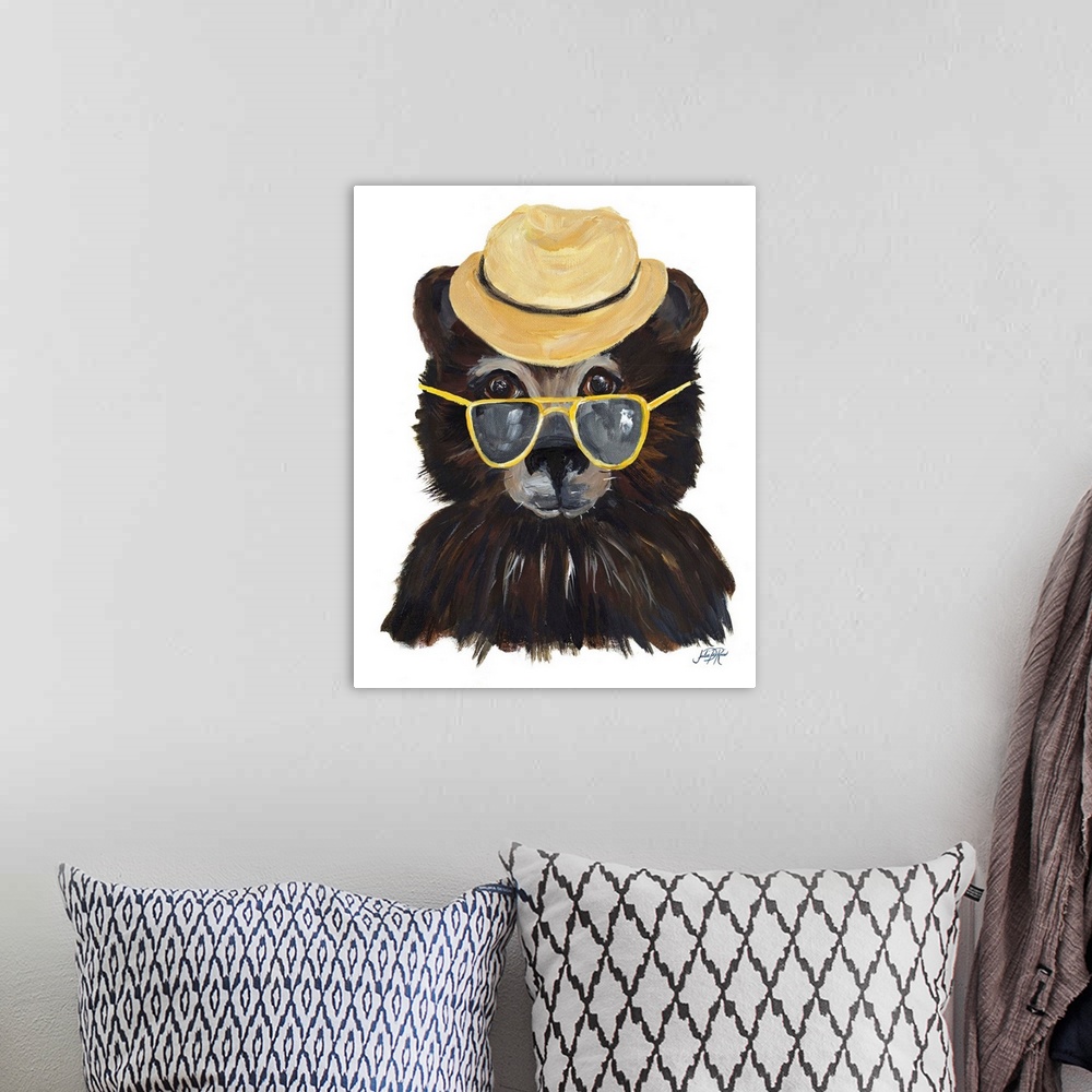 A bohemian room featuring Contemporary painting of a bear wearing a fedora and yellow sunglasses.