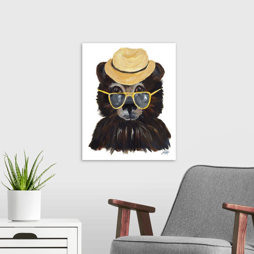 A modern room featuring Contemporary painting of a bear wearing a fedora and yellow sunglasses.