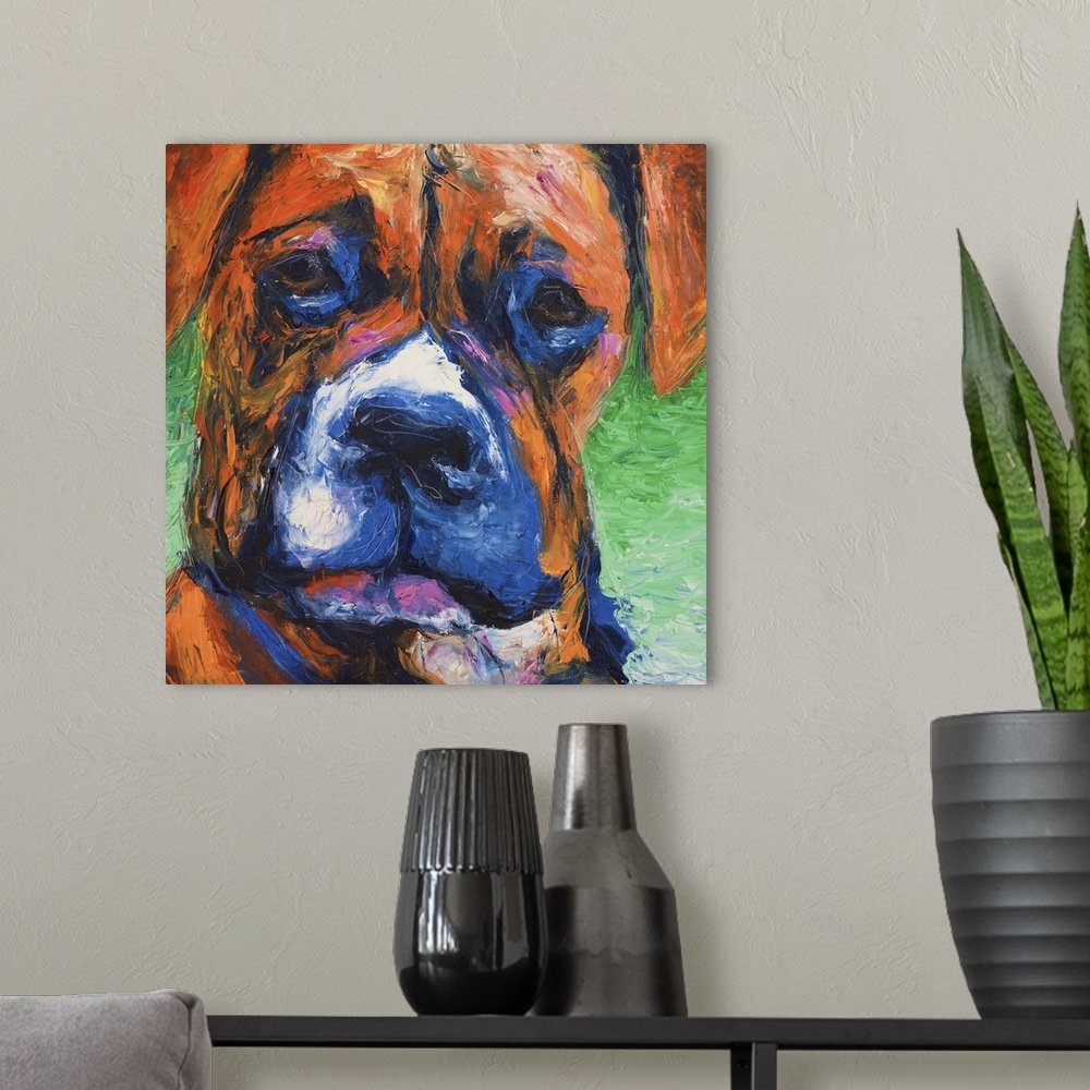 A modern room featuring Contemporary portrait of a boxer with a white muzzle.