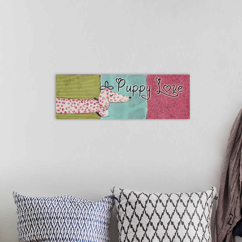 A bohemian room featuring Originally mixed media, artwork of a pink spotted Dachshund and the words: 'Puppy Love'.
