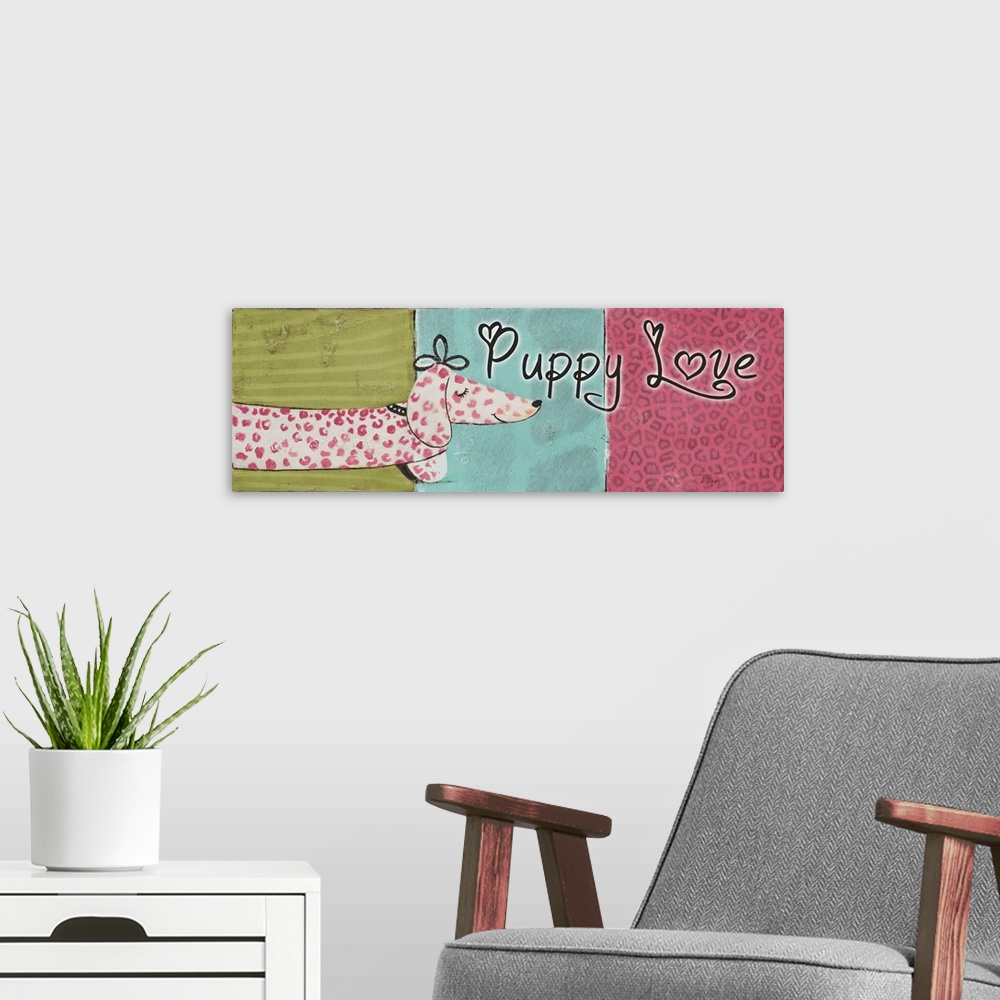 A modern room featuring Originally mixed media, artwork of a pink spotted Dachshund and the words: 'Puppy Love'.