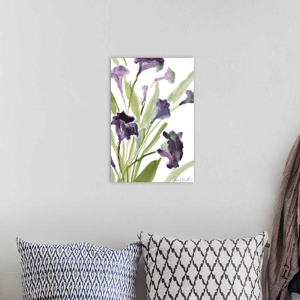 A bohemian room featuring Watercolor painting of purple flowers on green stems against a white background.