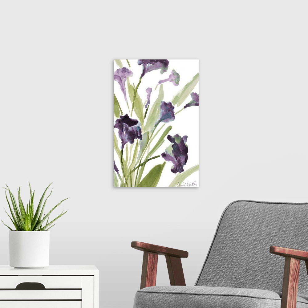 A modern room featuring Watercolor painting of purple flowers on green stems against a white background.