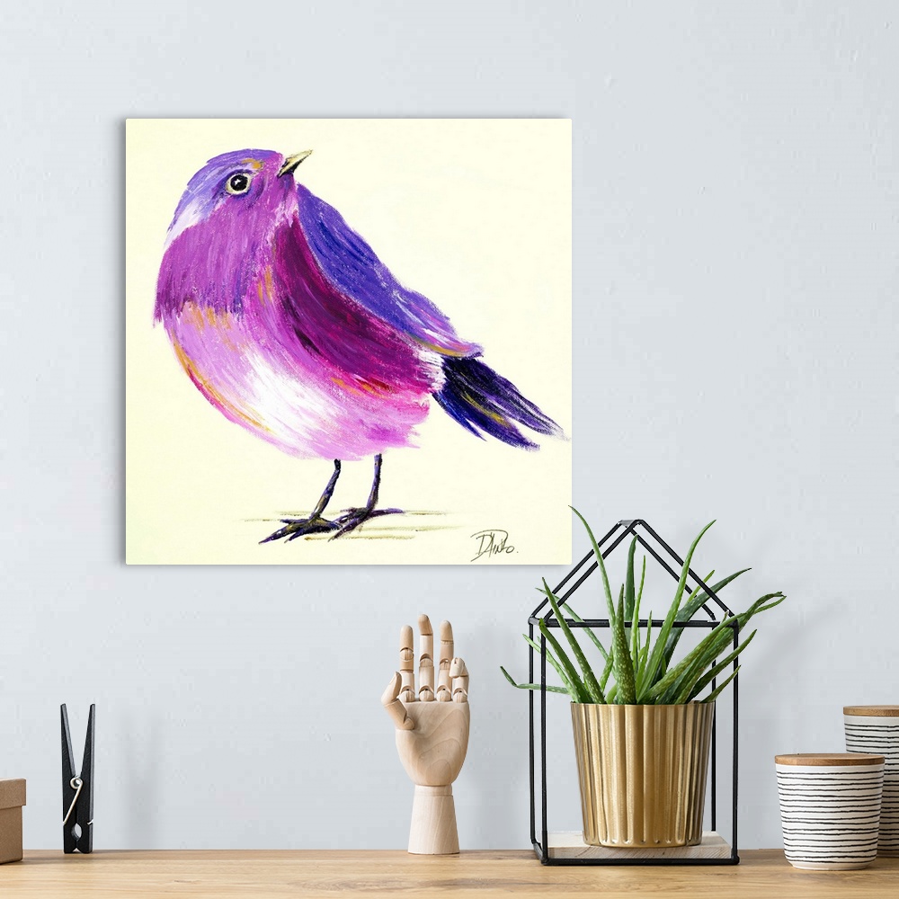 A bohemian room featuring Contemporary painting of a purple and pink bird against a cream background.