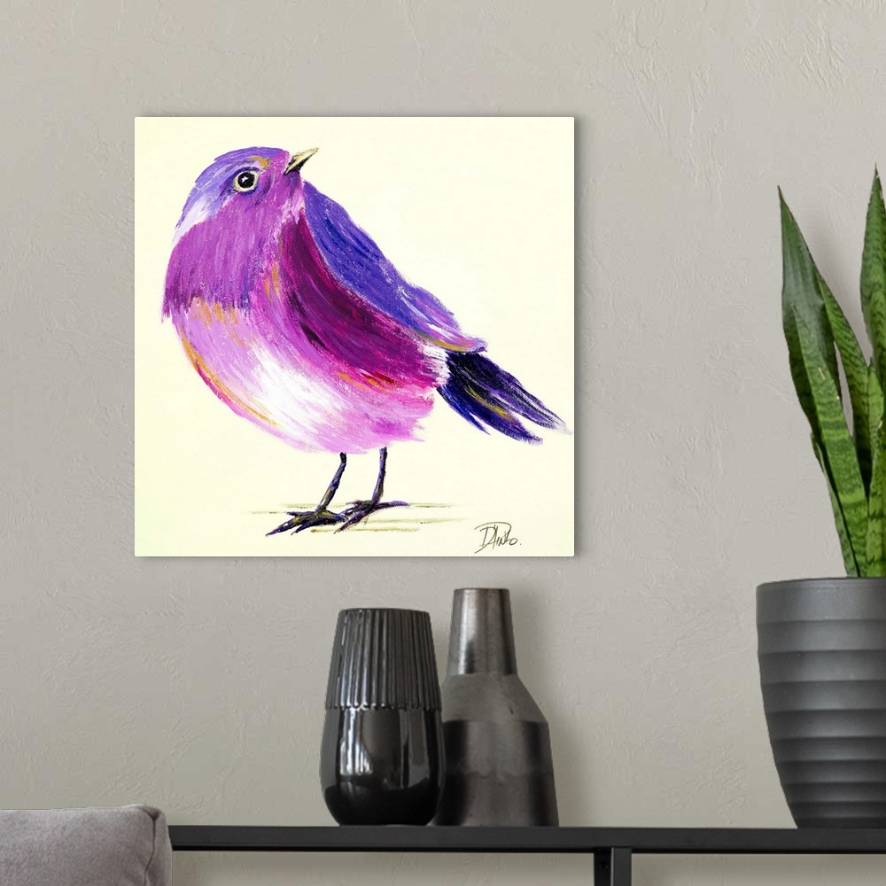 A modern room featuring Contemporary painting of a purple and pink bird against a cream background.