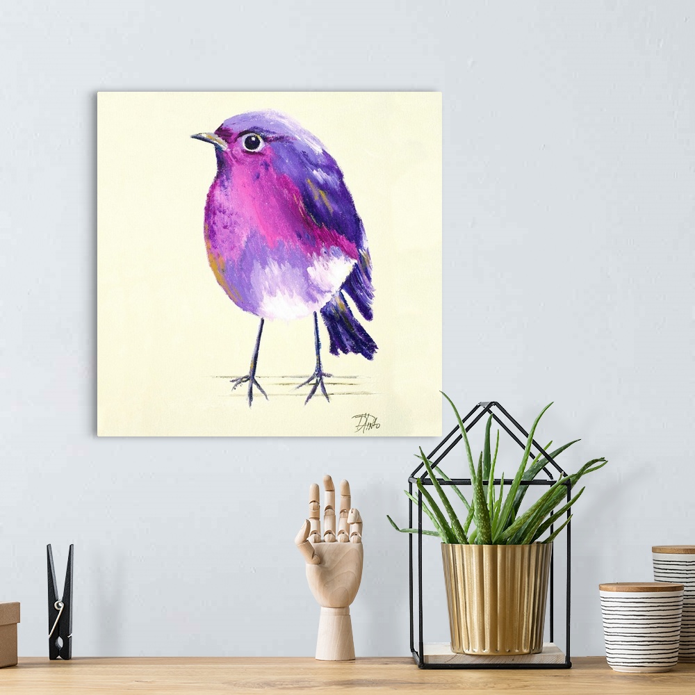 A bohemian room featuring Contemporary painting of a purple and pink bird against a cream background.