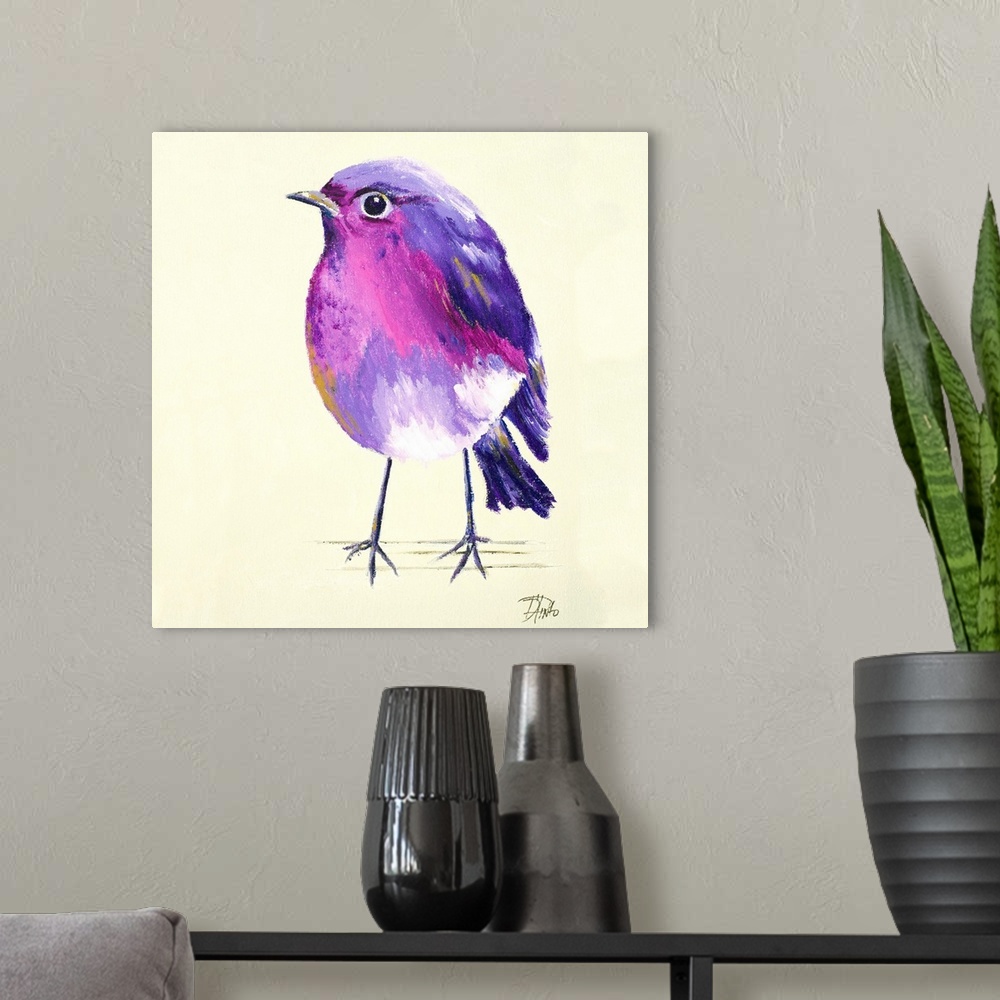 A modern room featuring Contemporary painting of a purple and pink bird against a cream background.