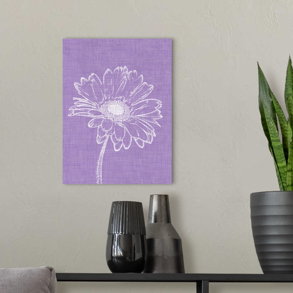 A modern room featuring White flower design on a textured purple background.