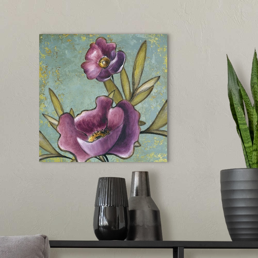 A modern room featuring This square piece has two delicate flowers painted against a rugged distressed background.