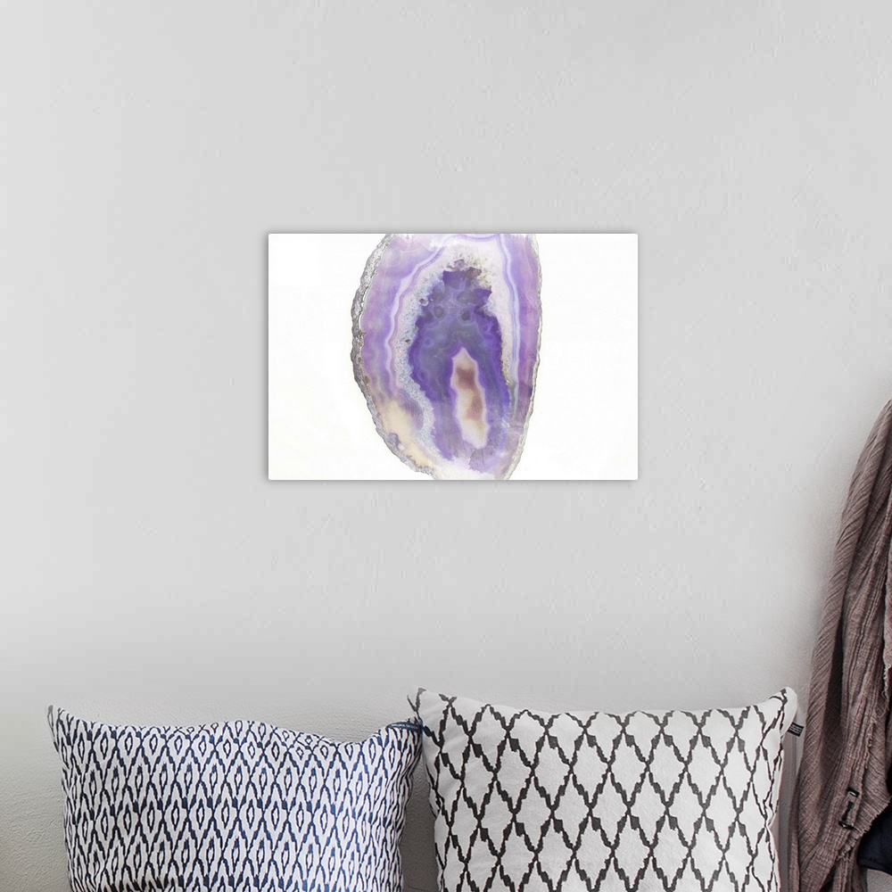 A bohemian room featuring Watercolor painting of a purple polished agate stone.