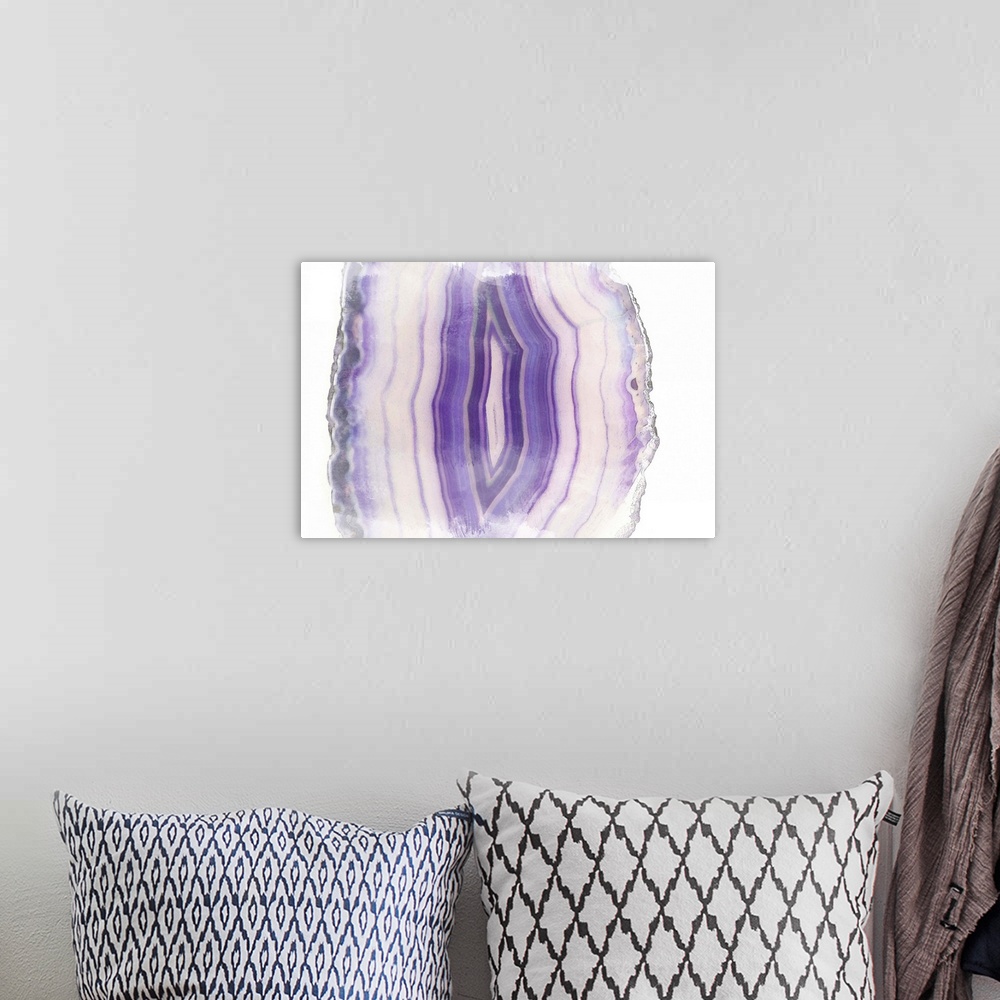 A bohemian room featuring Watercolor painting of a purple polished agate stone.