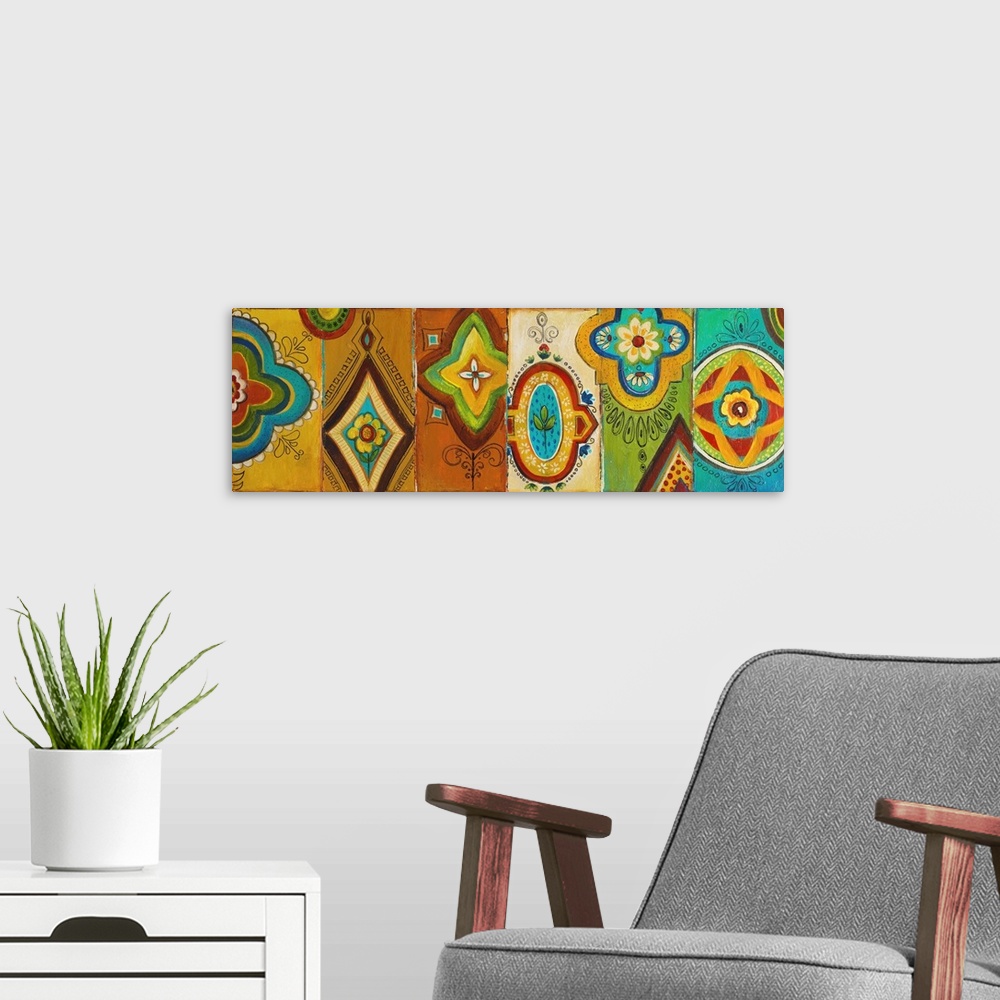 A modern room featuring Contemporary painting of a collection of folk art shapes on a multicolored background.