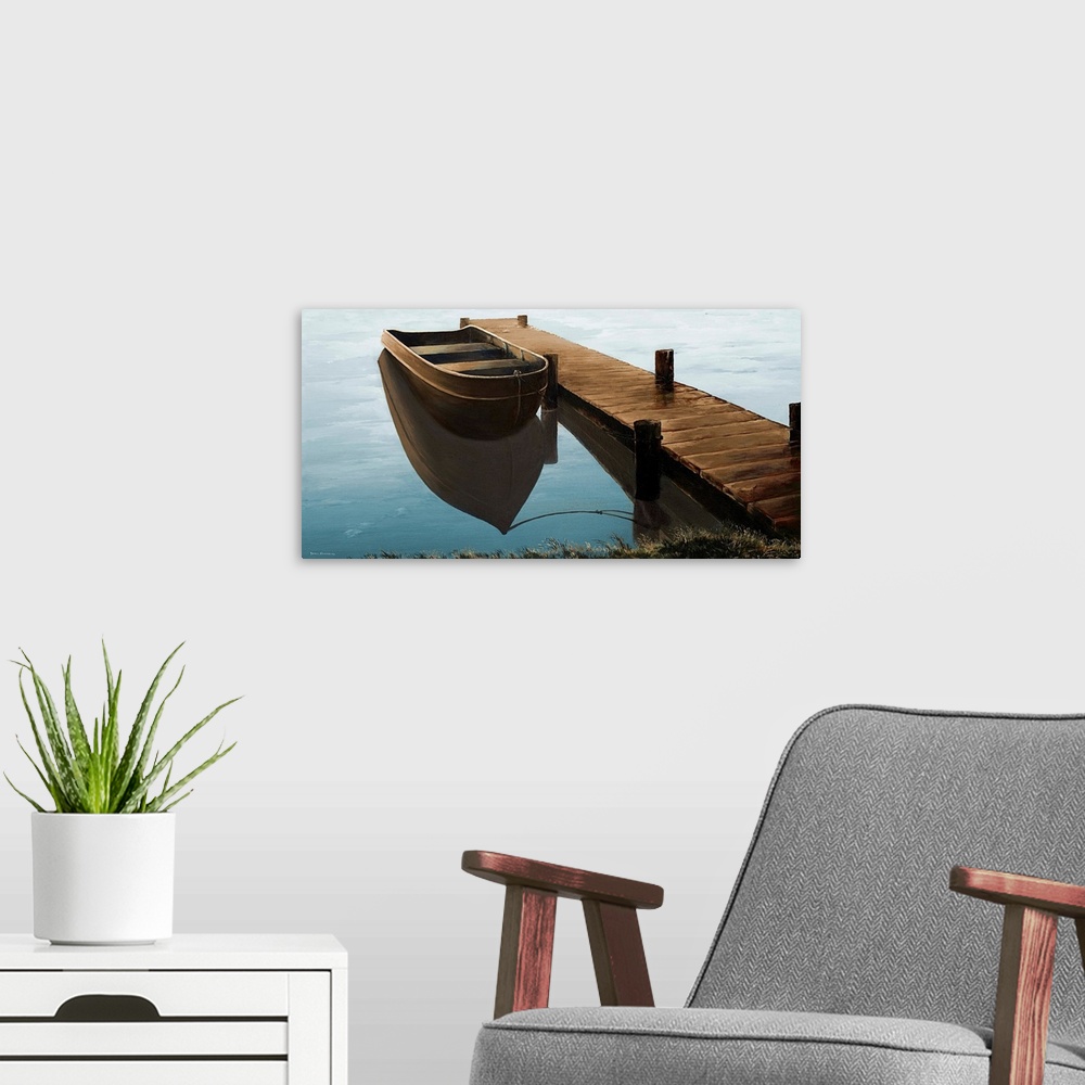 A modern room featuring Contemporary artwork of a small boat tied to a pier in a lake.