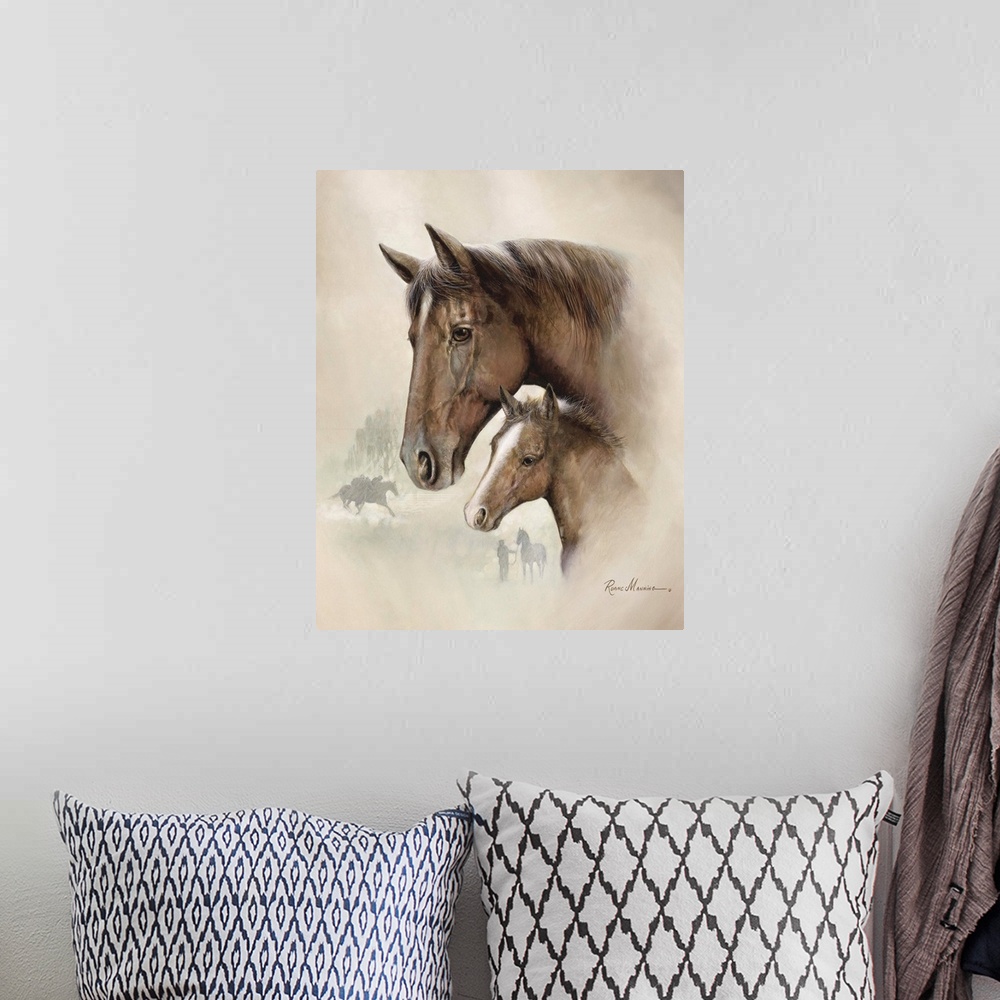 A bohemian room featuring Painted portrait of a brown mare and her young foal.