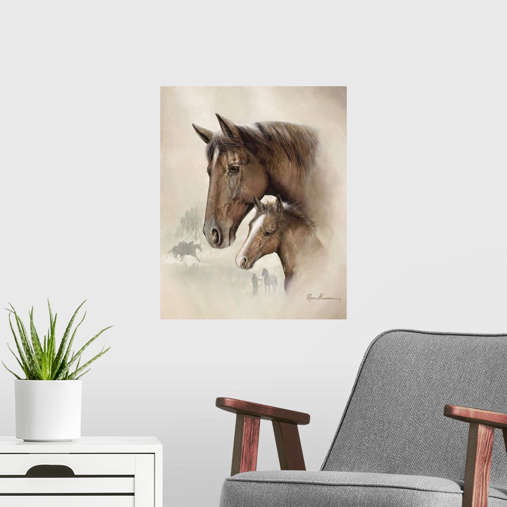 A modern room featuring Painted portrait of a brown mare and her young foal.