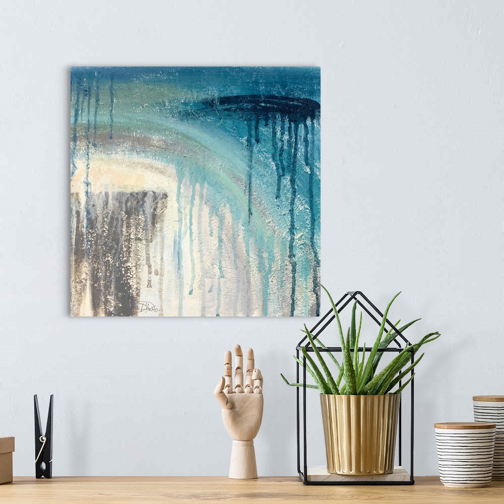 A bohemian room featuring A contemporary abstract painting with arched brushstrokes and blue paint dripping to resemble rain.