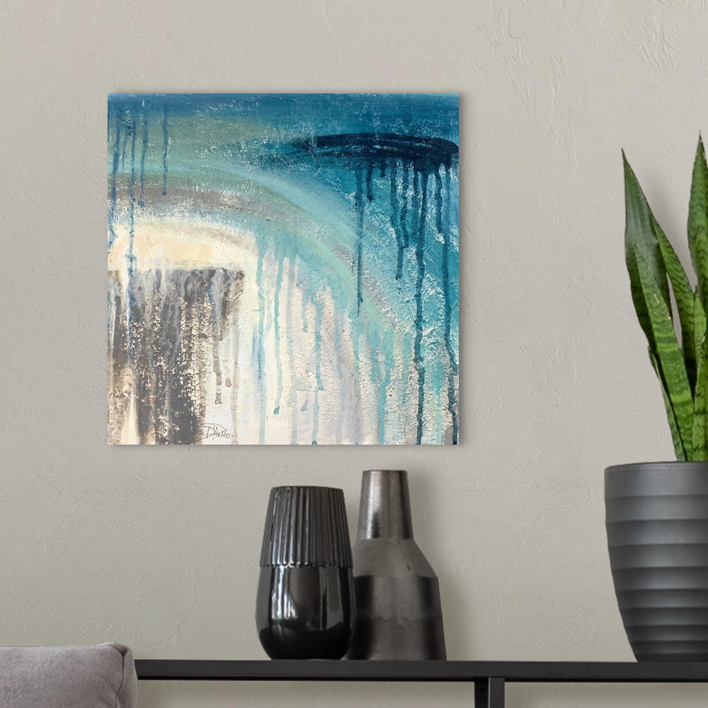 A modern room featuring A contemporary abstract painting with arched brushstrokes and blue paint dripping to resemble rain.