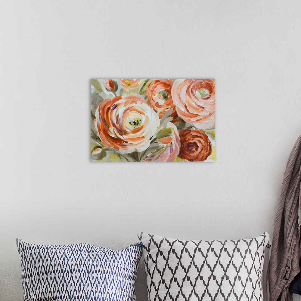 A bohemian room featuring Contemporary artwork of orange ranunculus flowers in a bouquet.