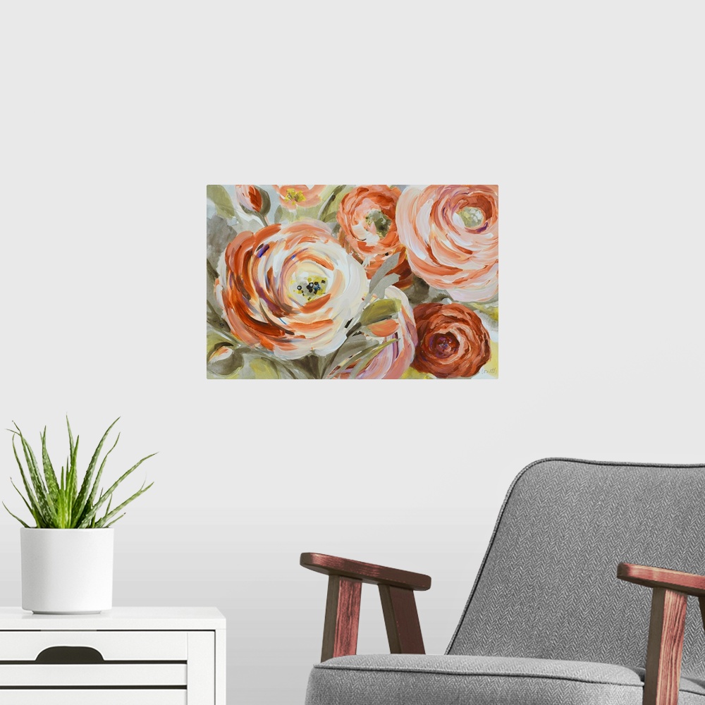 A modern room featuring Contemporary artwork of orange ranunculus flowers in a bouquet.