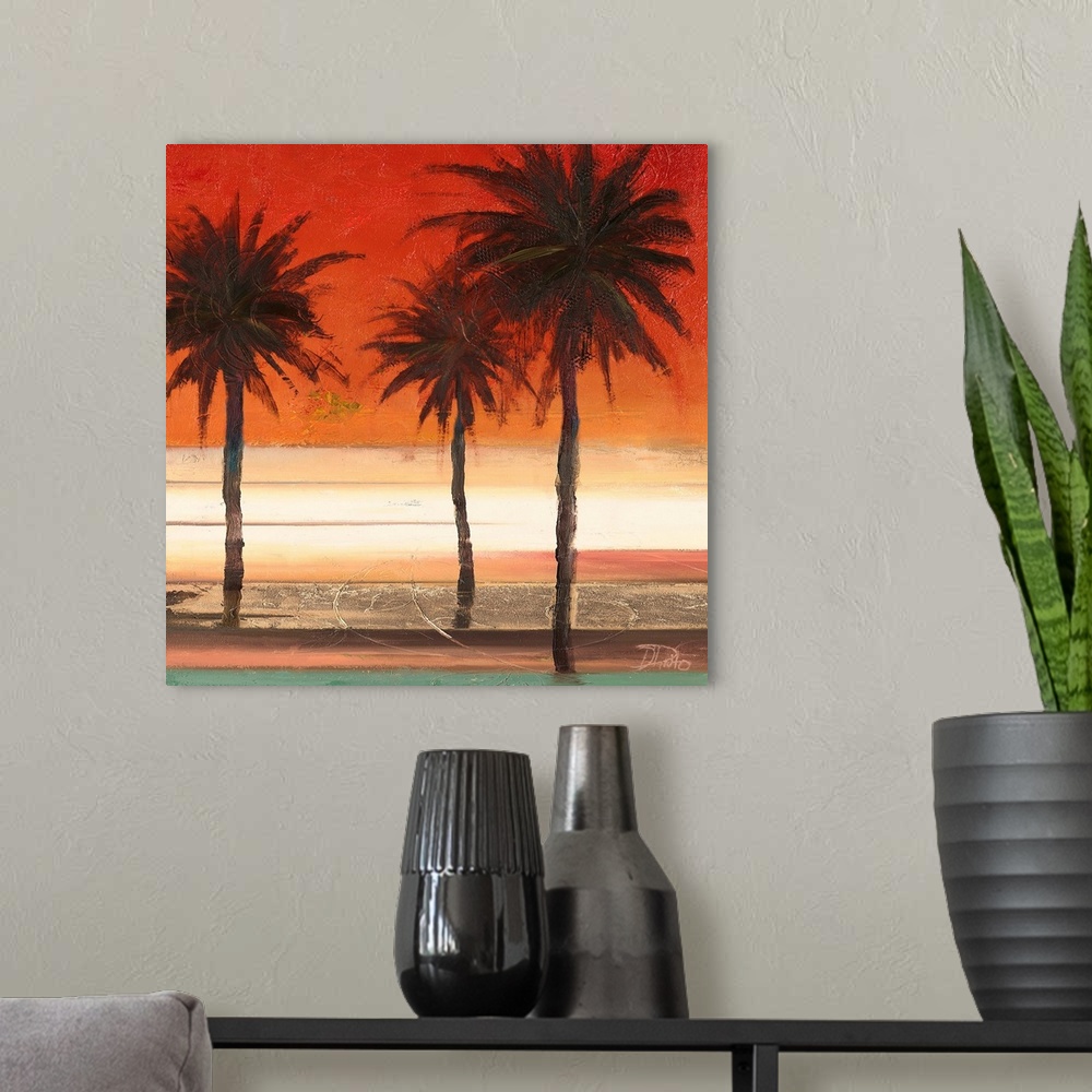 A modern room featuring A painting of three palm trees with a deep red and orange sunset in the background.