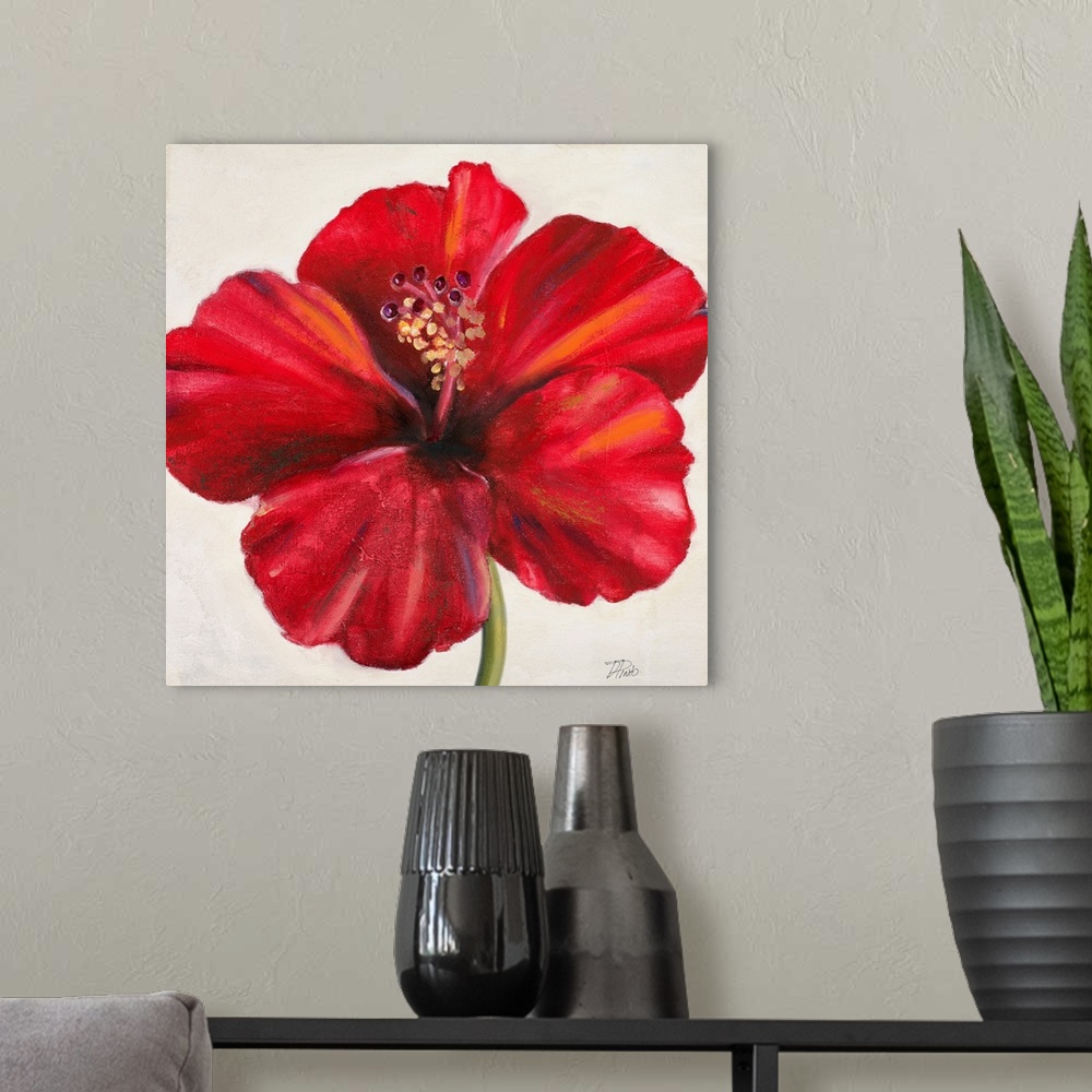 A modern room featuring Up-close photograph of flower showing its petals, stem, and stamen.