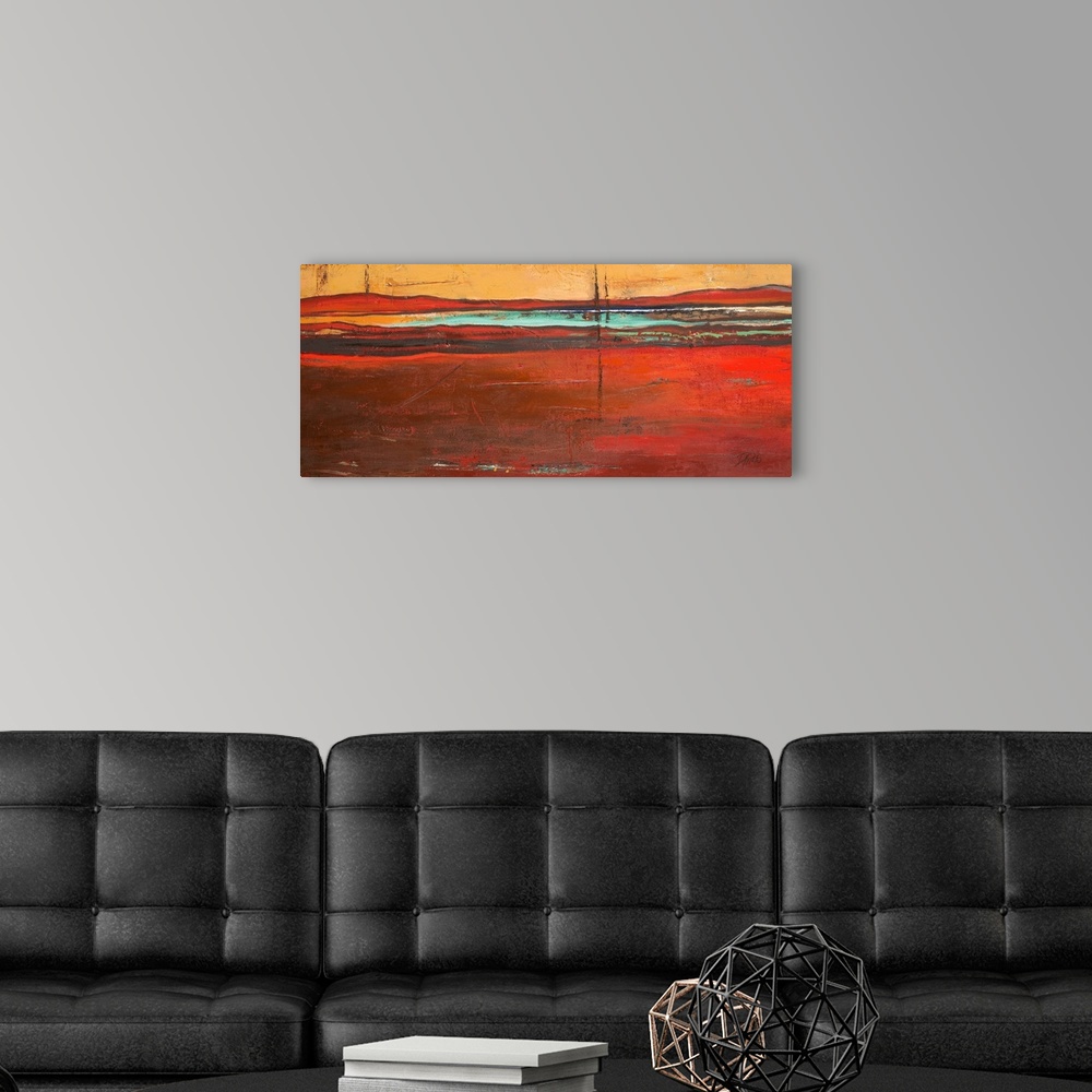 A modern room featuring Contemporary abstract painting with horizontal strokes of deep color, resembling hills on the hor...
