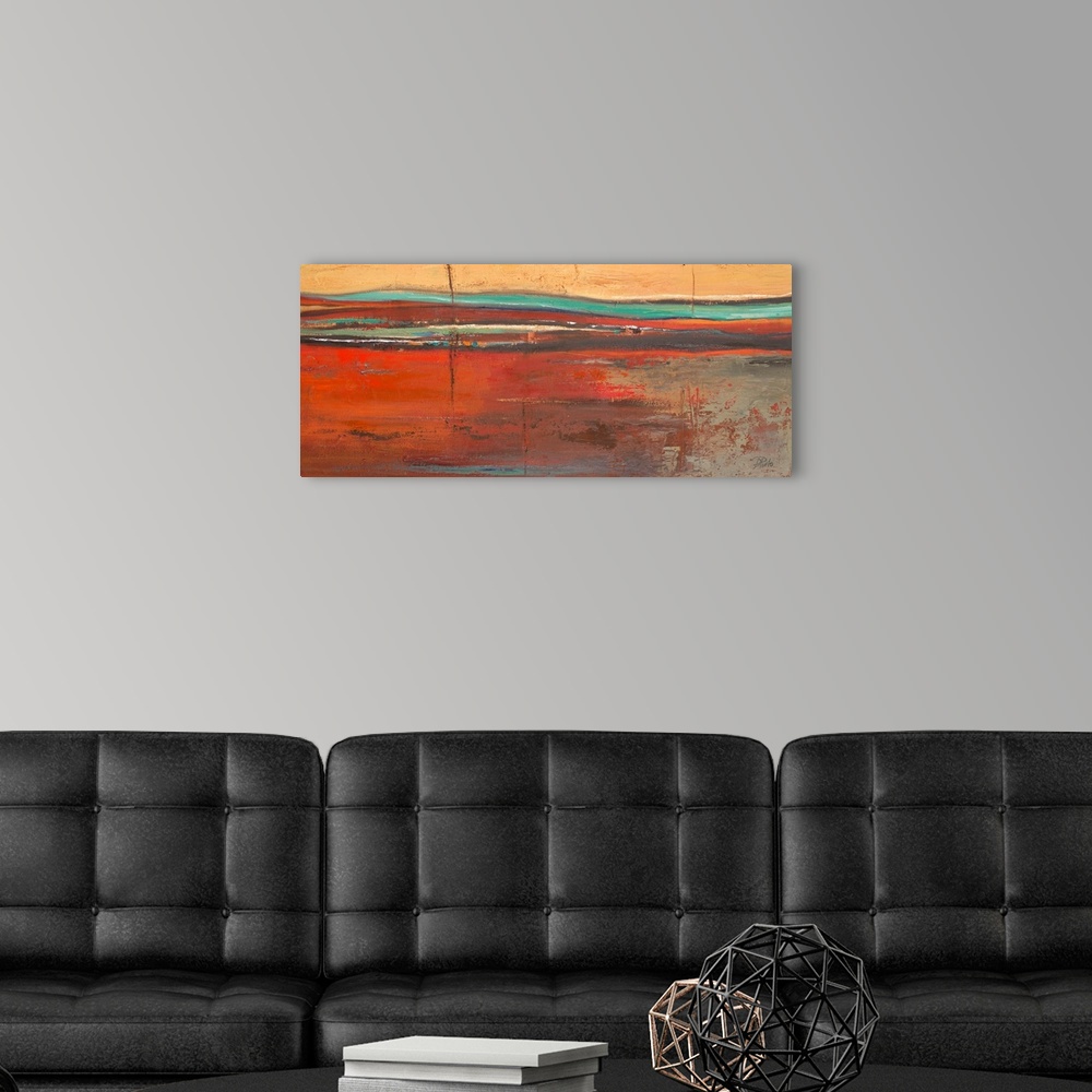 A modern room featuring Modern artwork of a landscape with a mix of warm and cool tones. Rough texture visible throughout...