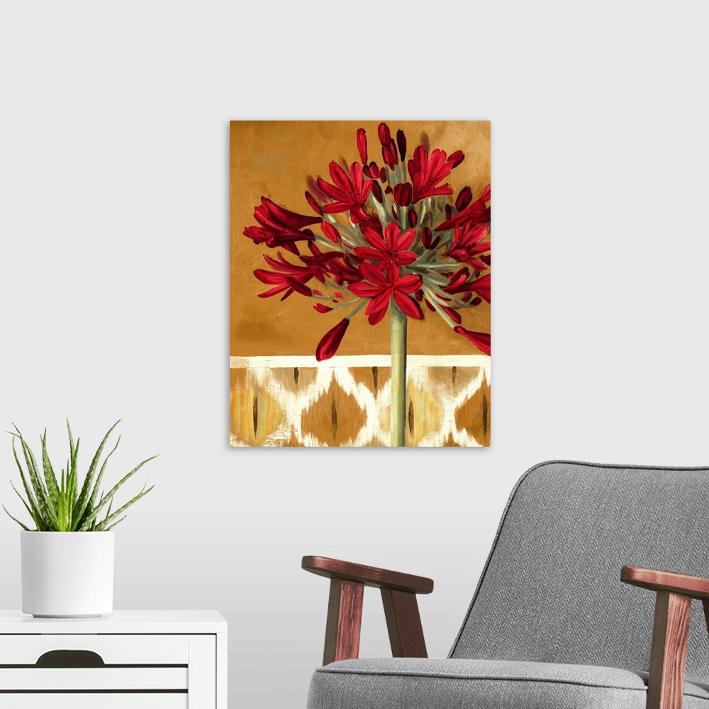 A modern room featuring An arrangement of painted lilies against a patterned background.
