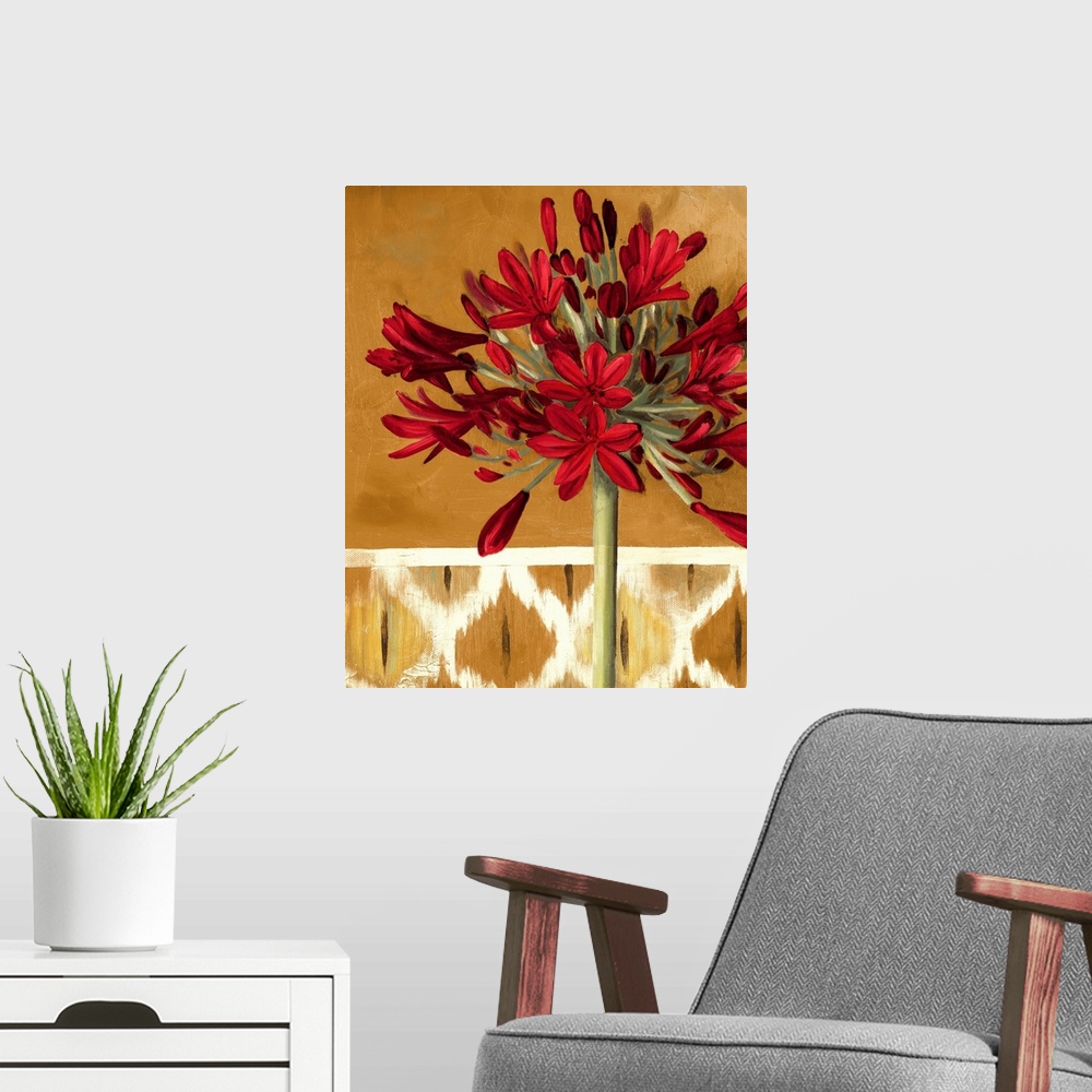 A modern room featuring An arrangement of painted lilies against a patterned background.