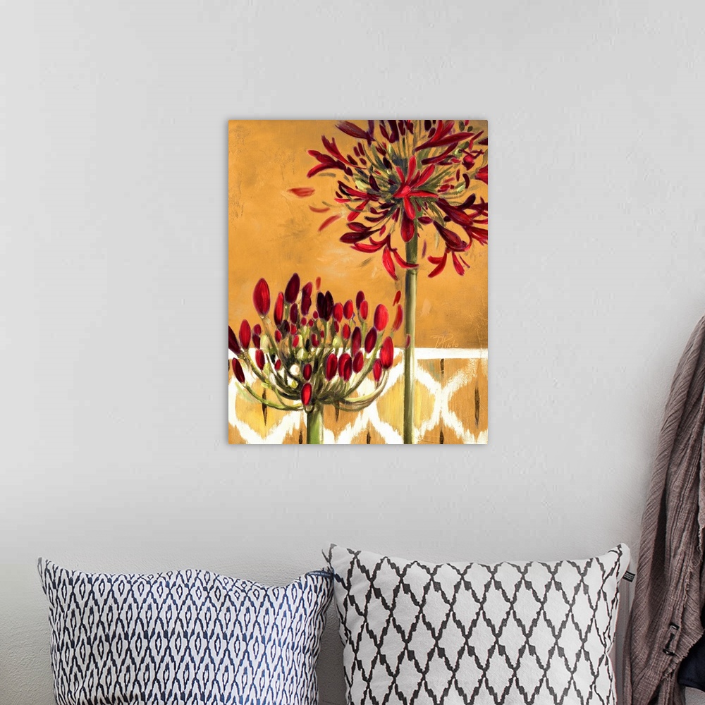 A bohemian room featuring Beautiful home docor picture of two floral stalks almost ready to bloom in front of a textured pa...