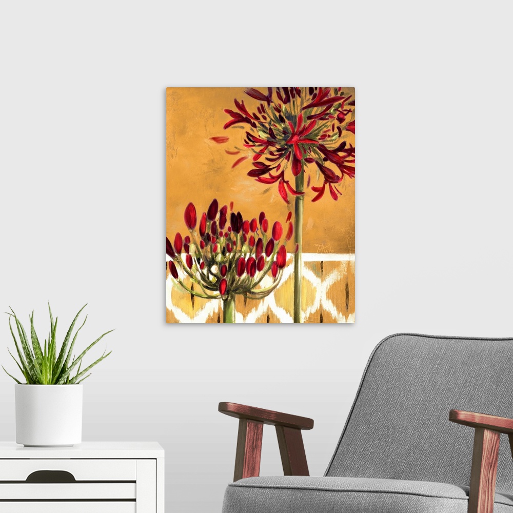 A modern room featuring Beautiful home docor picture of two floral stalks almost ready to bloom in front of a textured pa...