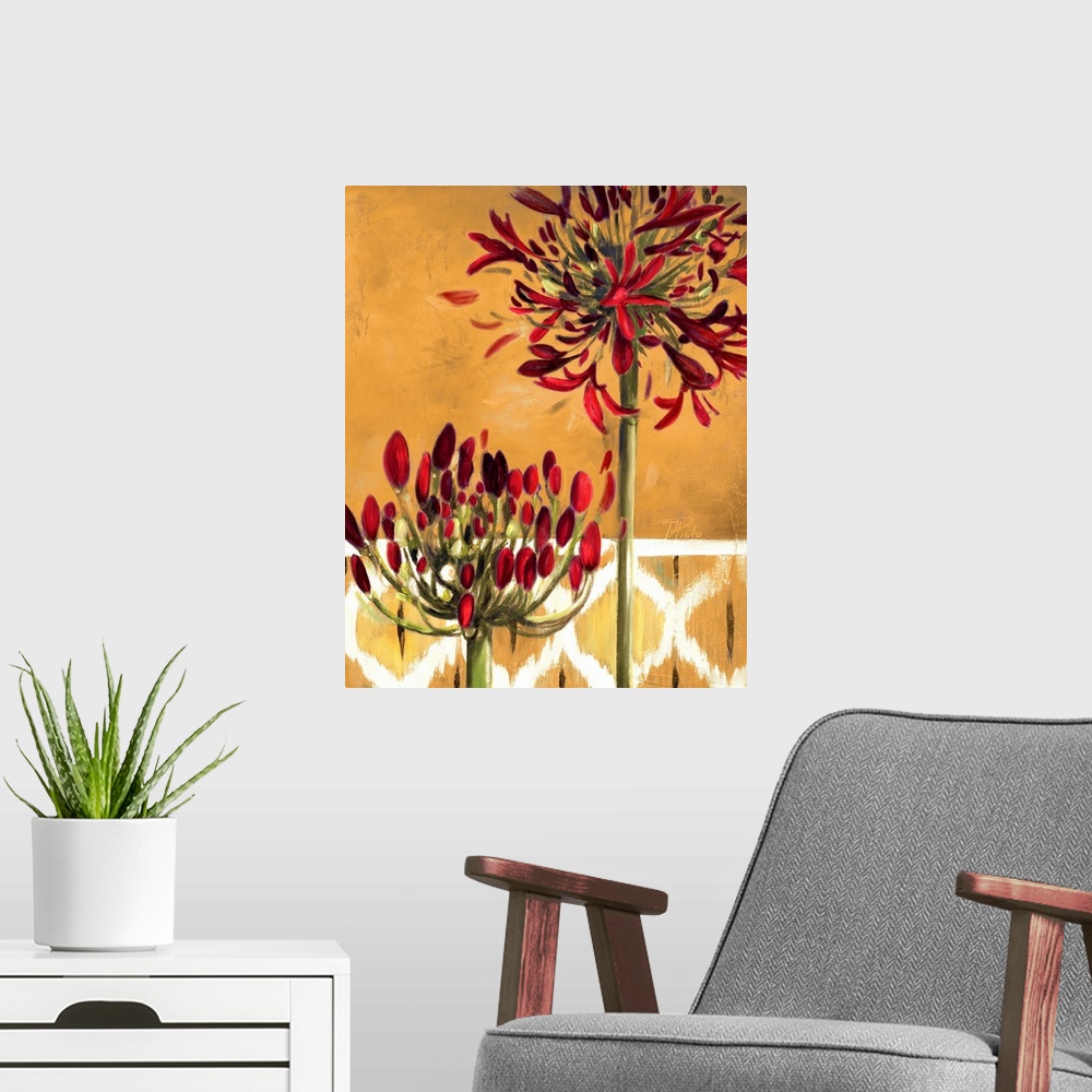 A modern room featuring Beautiful home docor picture of two floral stalks almost ready to bloom in front of a textured pa...