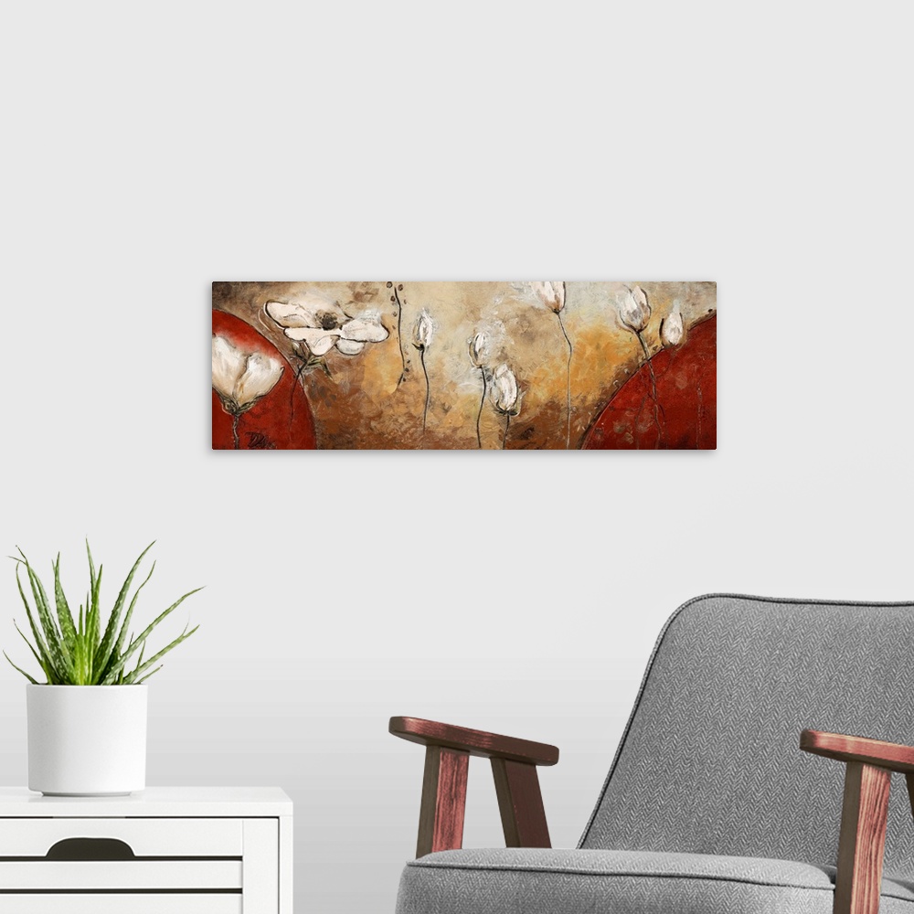 A modern room featuring A panoramic painting of white flowers floating in the air with large red half circles on either s...