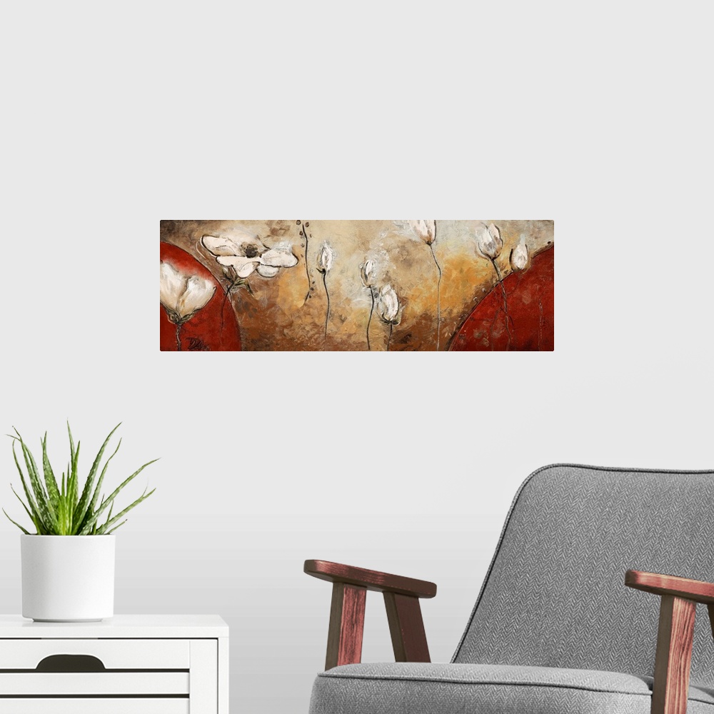 A modern room featuring A panoramic painting of white flowers floating in the air with large red half circles on either s...
