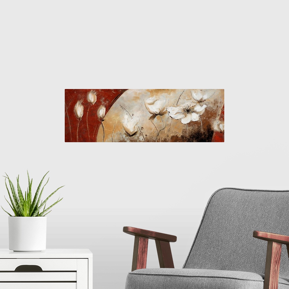 A modern room featuring An elongated piece of artwork with delicate white flowers scattered horizontally on the print.