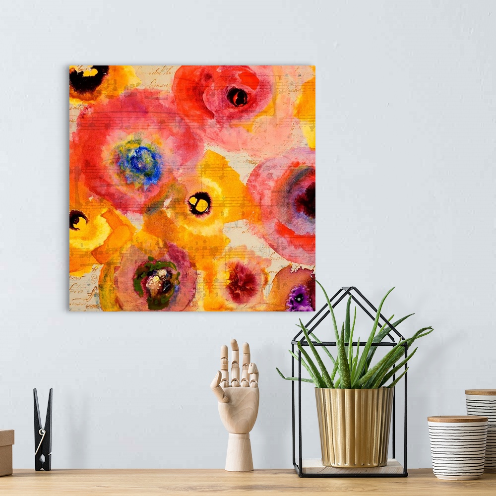 A bohemian room featuring Semi-abstract artwork of a group of bright red and yellow flowers.