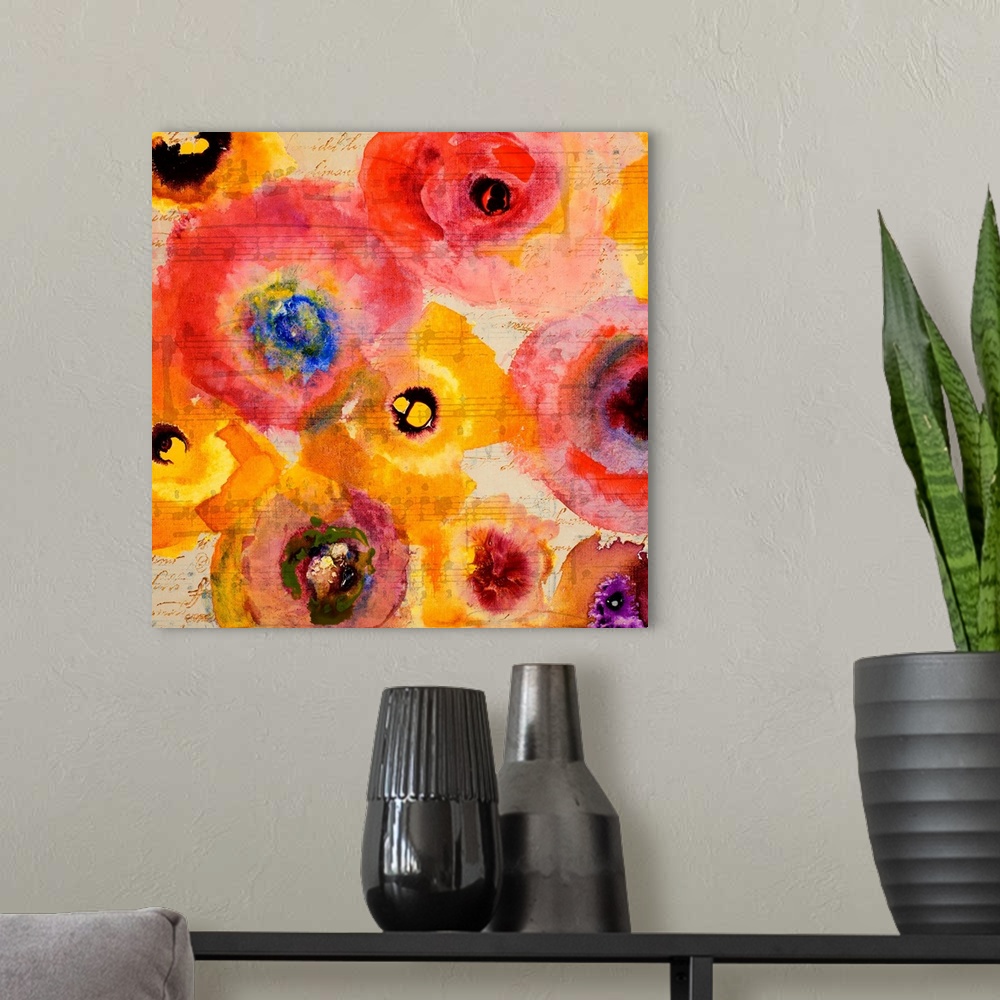 A modern room featuring Semi-abstract artwork of a group of bright red and yellow flowers.
