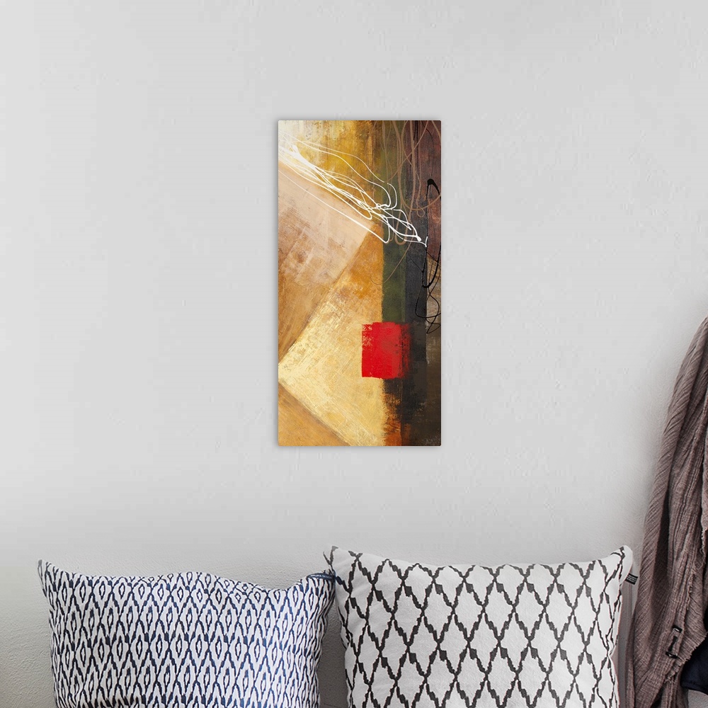 A bohemian room featuring Vertical abstract acrylic painting utilizing angular textured strokes with drips of color on top.