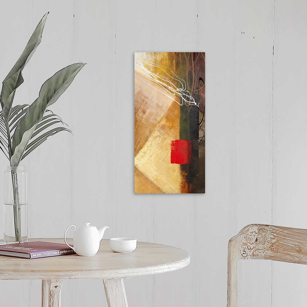 A farmhouse room featuring Vertical abstract acrylic painting utilizing angular textured strokes with drips of color on top.