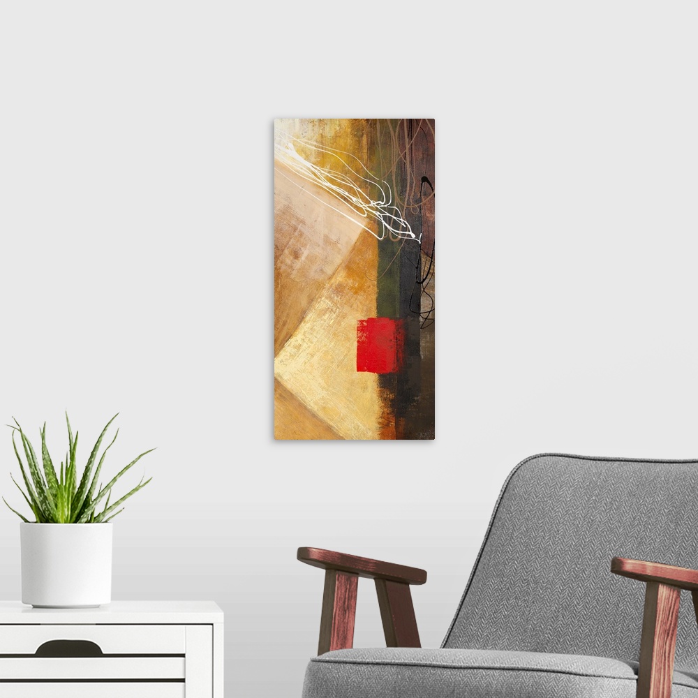 A modern room featuring Vertical abstract acrylic painting utilizing angular textured strokes with drips of color on top.