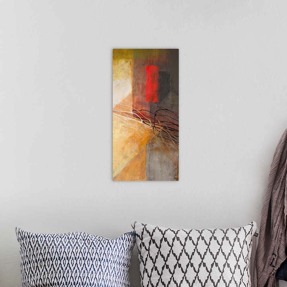 A bohemian room featuring Vertical, abstract art work created with sanded paint textures, and paint dribbles.