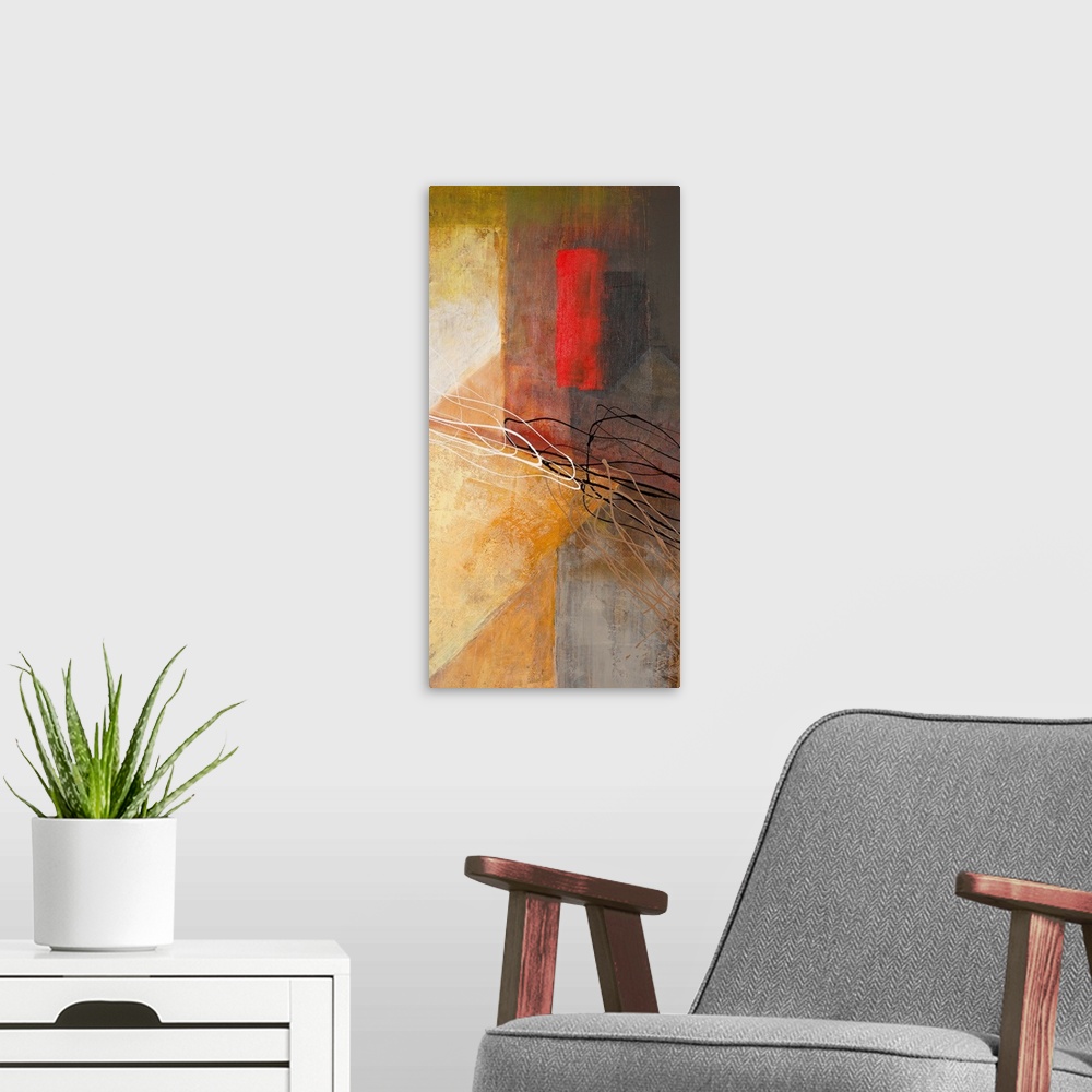 A modern room featuring Vertical, abstract art work created with sanded paint textures, and paint dribbles.
