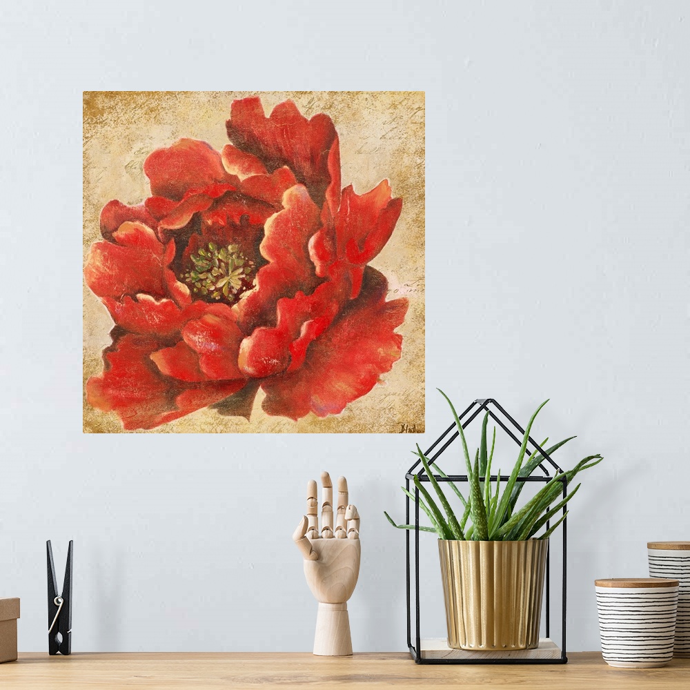 A bohemian room featuring Square painting of a flower on top of a grungy textured background.