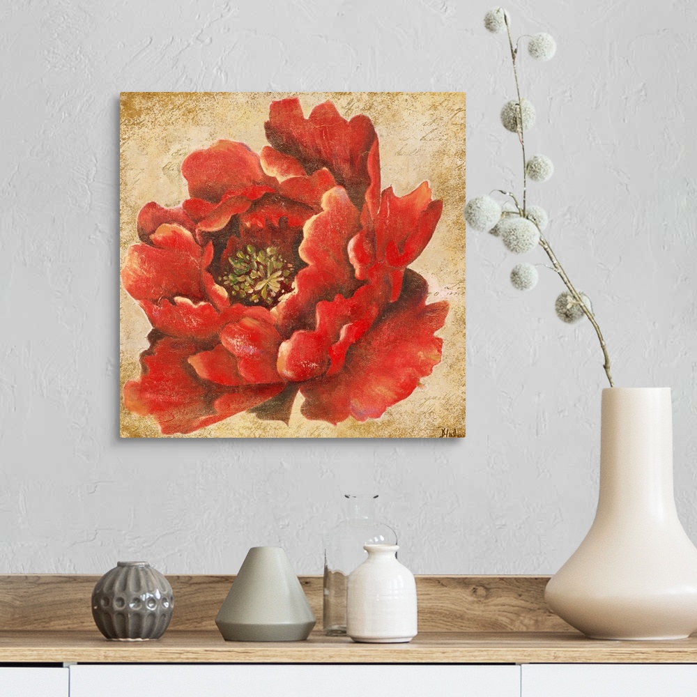 A farmhouse room featuring Square painting of a flower on top of a grungy textured background.